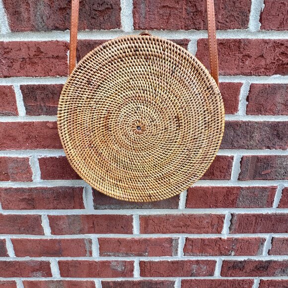 Round Rattan Crossbody Shoulder Bag Purse Brown Boho - Picture 3 of 7